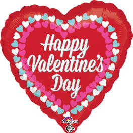 Heart-shaped red Valentine’s Day balloon with colorful heart border