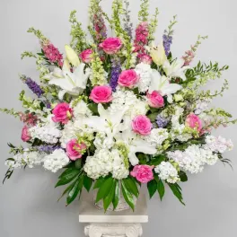 Our elegant pink and white standing basket