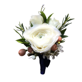 White ranunculus boutonniere with berries and greenery