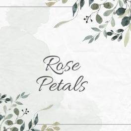 White floral-themed graphic with the words "Rose Petals"