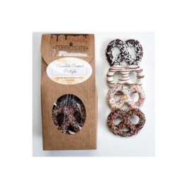 Box of chocolate-covered pretzels with assorted toppings