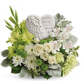White floral sympathy arrangement with angel stones