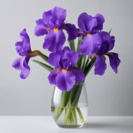 Purple iris flowers in a clear glass vase