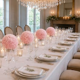 Pink floral spheres arranged along a formal banquet table with candles and glassware