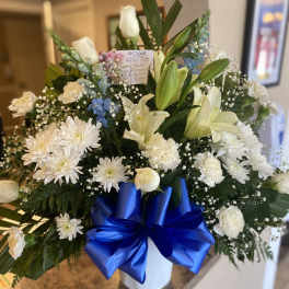 Blue and white sympathy basket
