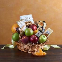Fruit basket with apples, pears, oranges, tea, cookies, and cheese