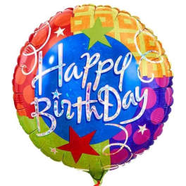 Round birthday balloon with colorful stars and "Happy Birthday" text