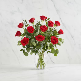 Red roses arranged in a clear glass vase
