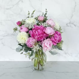 Pink and white peonies in a clear glass vase