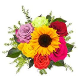 Bouquet of multicolored roses with a sunflower in the center