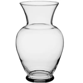 Clear glass vase with a wide flared top and rounded body