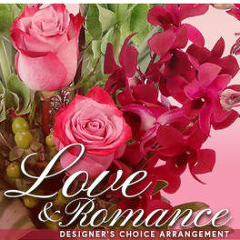 Pink roses and magenta orchids with the words Love & Romance
