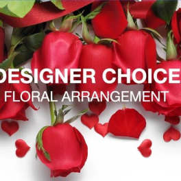 Red roses with heart decorations and designer choice text