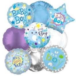 Cluster of baby boy balloons in blue, white, purple, and silver