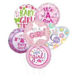 Cluster of pink and white baby girl balloons