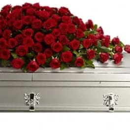 Red rose casket spray on a silver casket