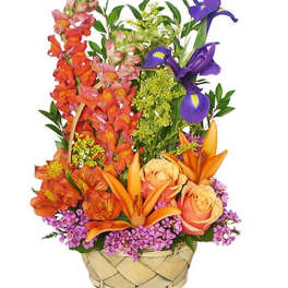 Colorful mixed flower arrangement in a woven basket