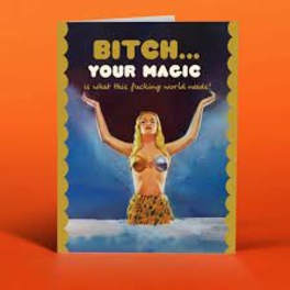 A novelty greeting card with a provocative illustrated woman and bold text