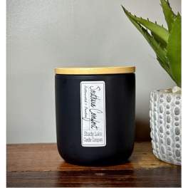 Black candle jar with a gold lid beside a small potted succulent
