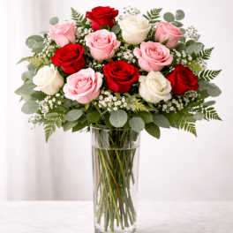 Bouquet of red, pink, and white roses in a clear glass vase