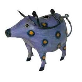 Purple decorative pig figurine with floral spots and a metal handle