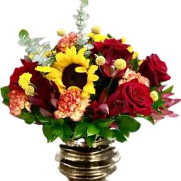 Bouquet of red roses, a sunflower, and carnations in a metallic vase
