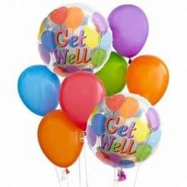 Cluster of colorful balloons, including two clear "Get Well" balloons