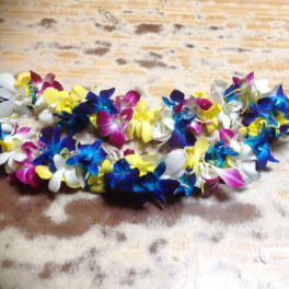 Colorful orchid lei laid on a wooden surface