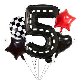 Cluster of number-shaped balloons with a red star balloon