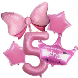 Pink birthday balloons shaped like a bow, stars, crown, and number 5