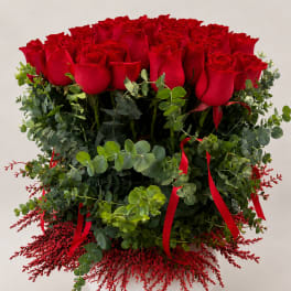 Red roses arranged in a white vase with green foliage and red ribbon accents