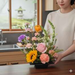 Mixed flower arrangement in a black rectangular vase with a sunflower and pink rose