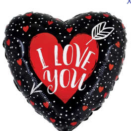 Heart-shaped balloon with "I love you" text and red hearts