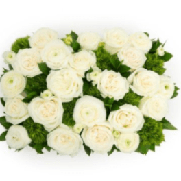 White rose arrangement with green filler on a white background