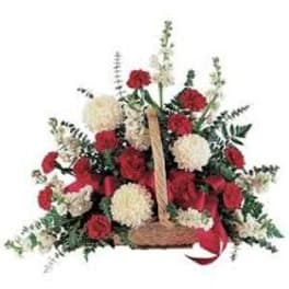 Basket arrangement of red and white carnations