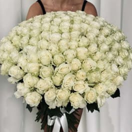 Large bouquet of white roses held in front of a person