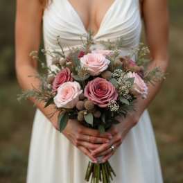 Bride holding a bouquet of pink and blush roses