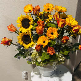 Golden Sunshine | Luxury Sunflowers, Orange Roses & Gerbera Arrangement