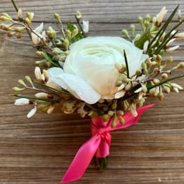 White ranunculus boutonniere with pink ribbon