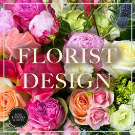 Close-up of mixed pink peonies and roses with pastel blooms and overlay text reading Florist Design.
