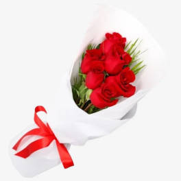 Bouquet of red roses wrapped in white paper with a red ribbon