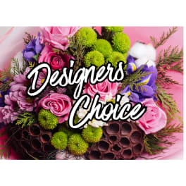 Pink roses and purple flowers with green pompons on a pink background