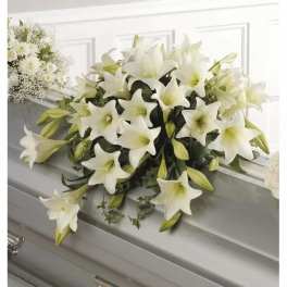 White lily funeral spray on a gray casket