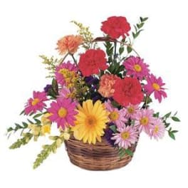 Colorful mixed flower basket with daisies and carnations