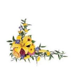 Yellow floral arrangement with purple accents and trailing greenery