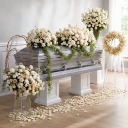 Monochromatic Casket Spray, Easel Wreath, Dual Vase
