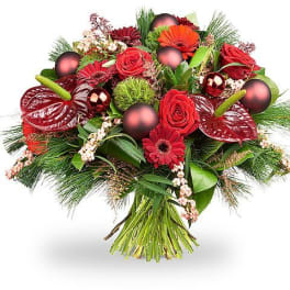 Red floral bouquet with roses, gerbera daisies, and anthuriums