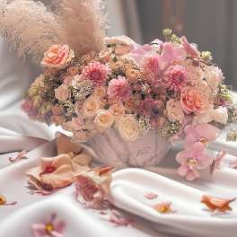 Blush and peach bouquet in a marble vase with orchids and pampas grass