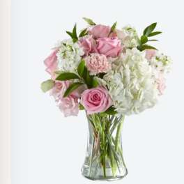 Pink roses and white hydrangeas in a clear glass vase