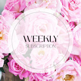 Pink roses and peonies with a "Weekly Subscription" label
